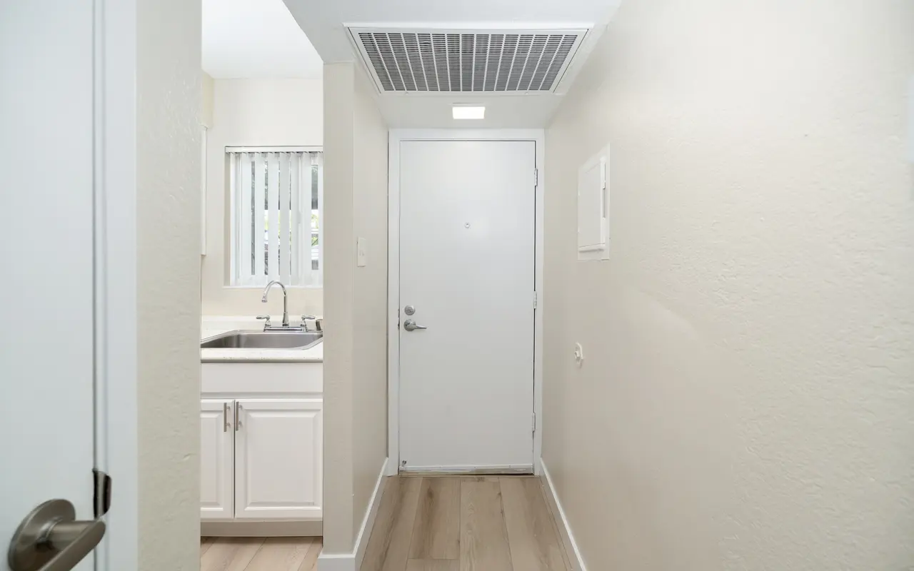 An interior hallway in an apartment with light-colored walls and wooden flooring. On the left, there is a glimpse of a kitchen with a sink and window. The hallway leads to a closed white door at the end.