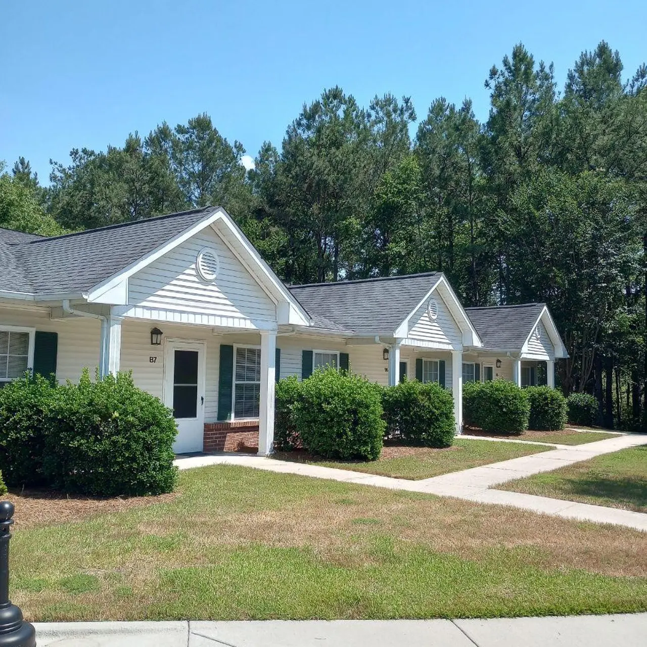 A row of charming single-story houses with a green lawn, surrounded by trees. Each house features a gable roof, front porch, and vibrant shrubs.