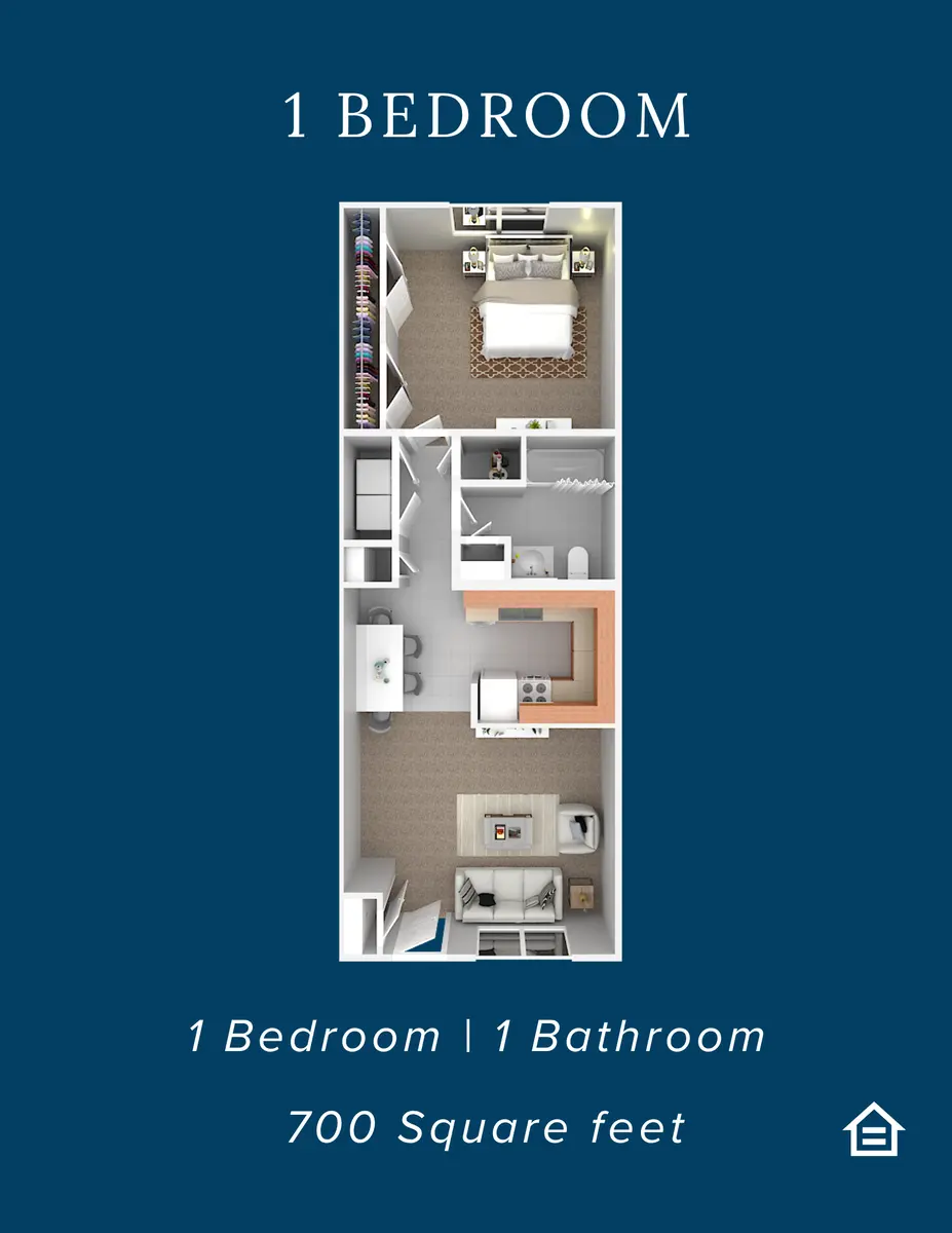 An architectural floor plan layout for a 1 bedroom apartment featuring 1 bathroom and a total area of 700 square feet.