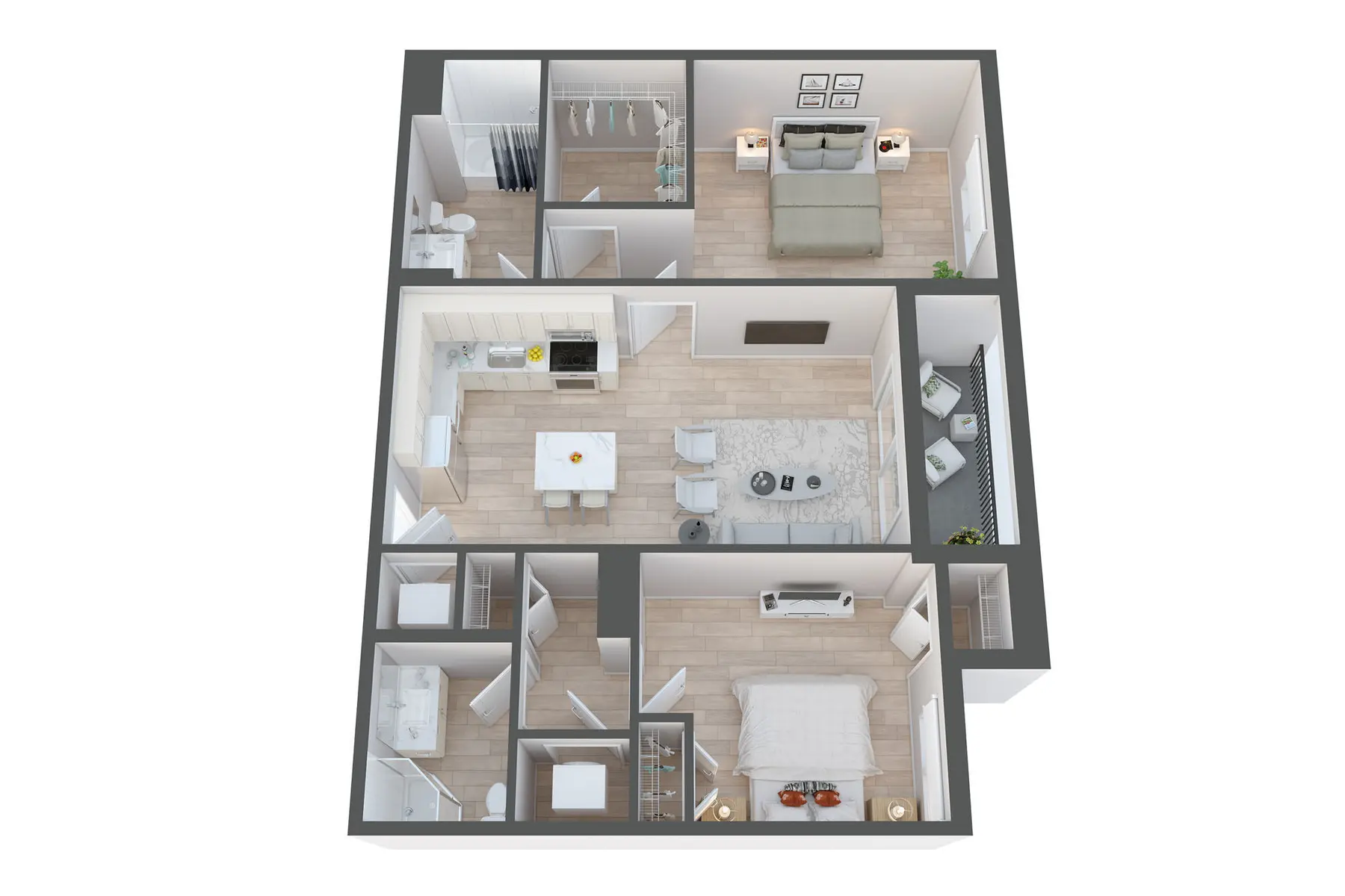 3D layout of a modern apartment showcasing different rooms including kitchen, living area, bedrooms, and bathrooms.