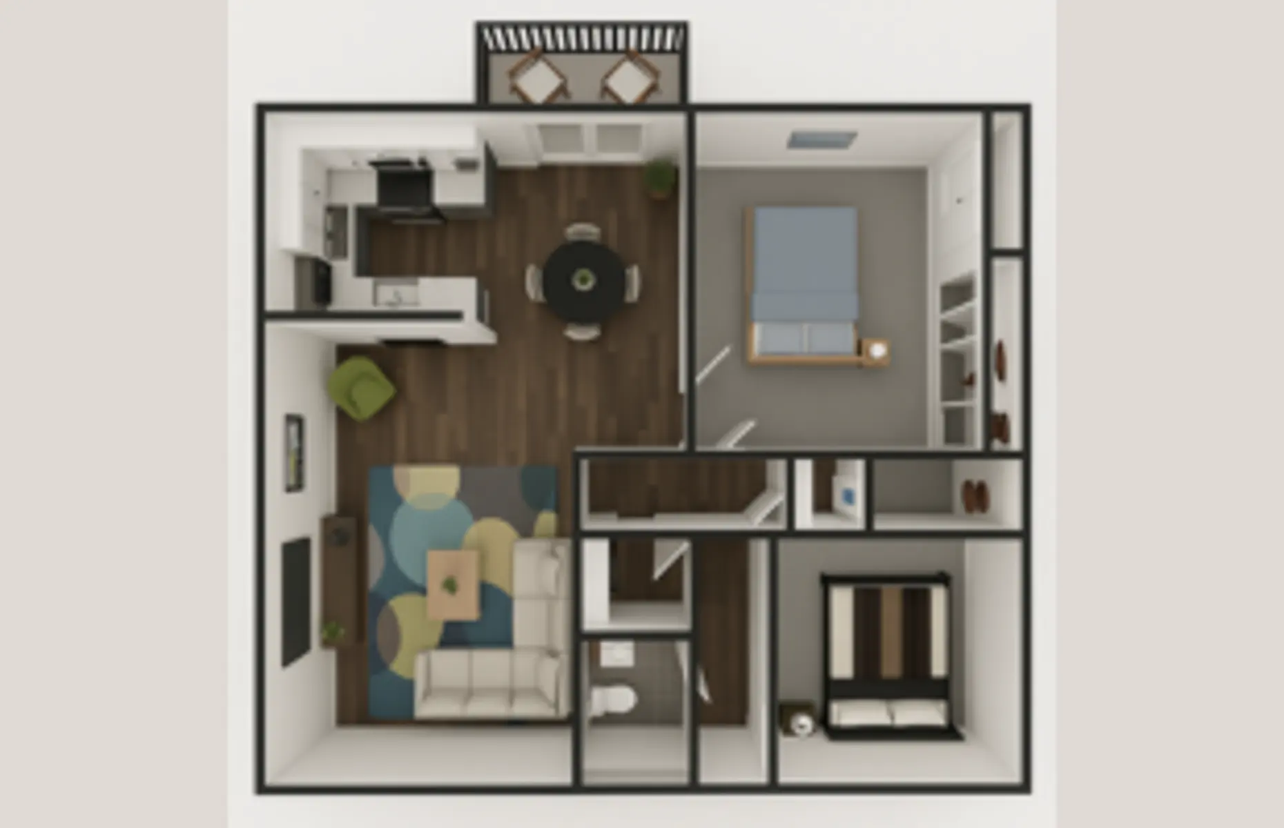 An overhead view of a small apartment layout featuring a living area, dining area, kitchen, one bedroom, and a bathroom.