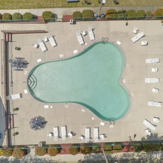 Aerial view of a heart-shaped swimming pool surrounded by lounge chairs and landscaped gardens.