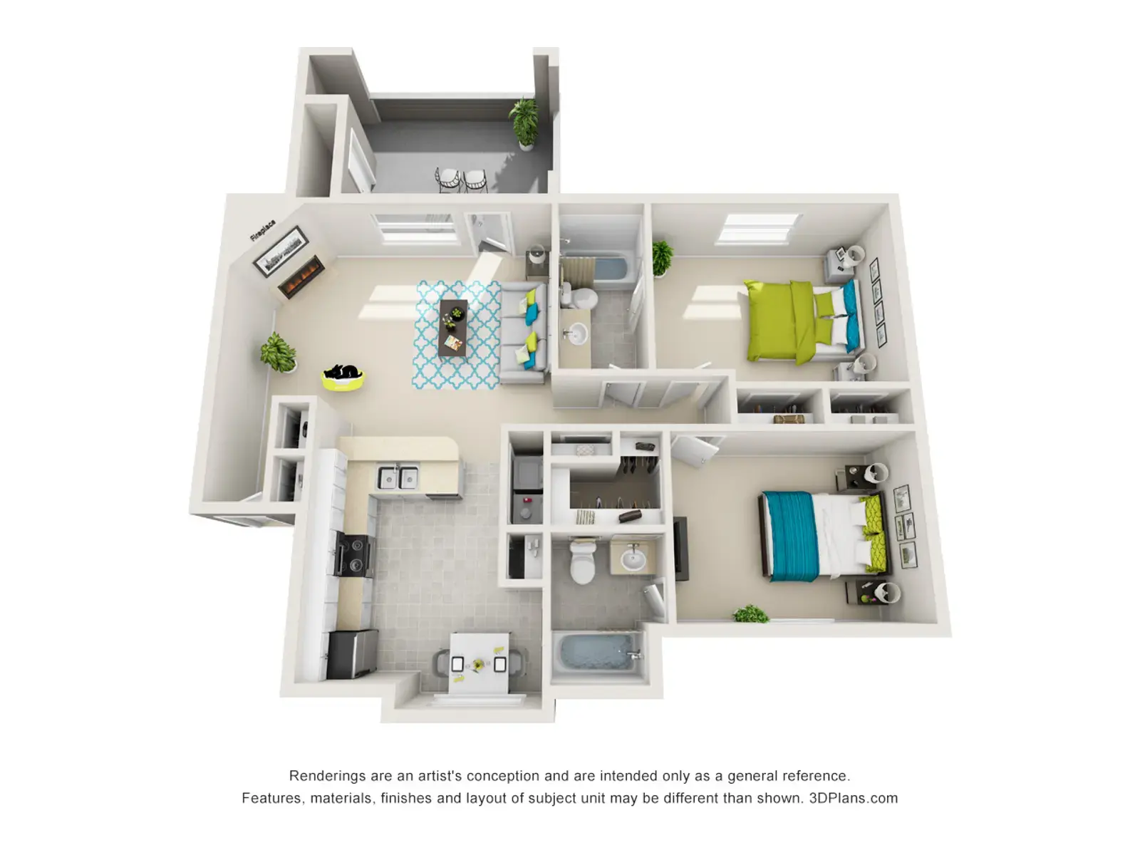 A top-down view of a spacious apartment floor plan showing multiple rooms including a kitchen, living area, and two bedrooms. Each room is furnished and includes windows for natural light.