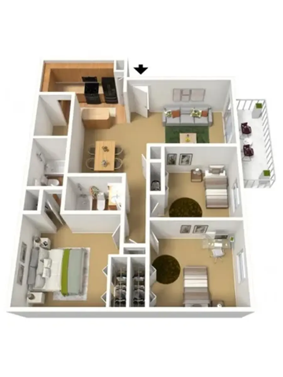 Bird's eye view of an apartment floor plan showing kitchen, living area, dining area, and bedrooms.