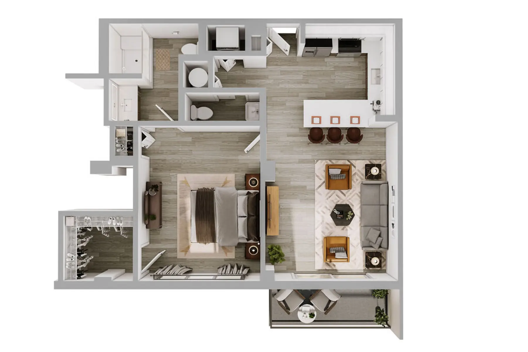 Modern Apartment Floor Plan An overhead view of a modern apartment layout featuring a living area, kitchen, bedroom, and bathroom.