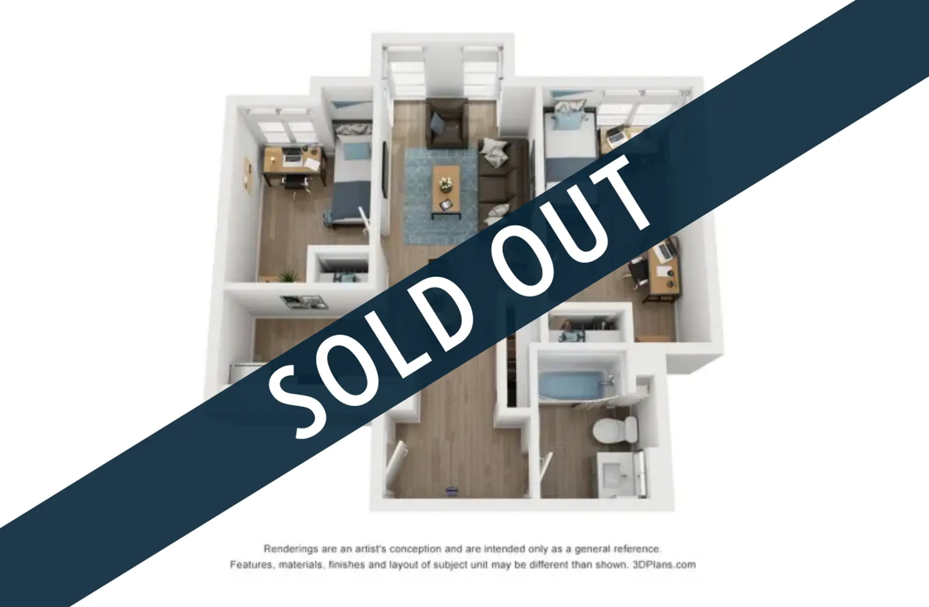 A 3D rendering of an apartment floor plan with various rooms. The image has a diagonal text overlay reading 'SOLD OUT'.