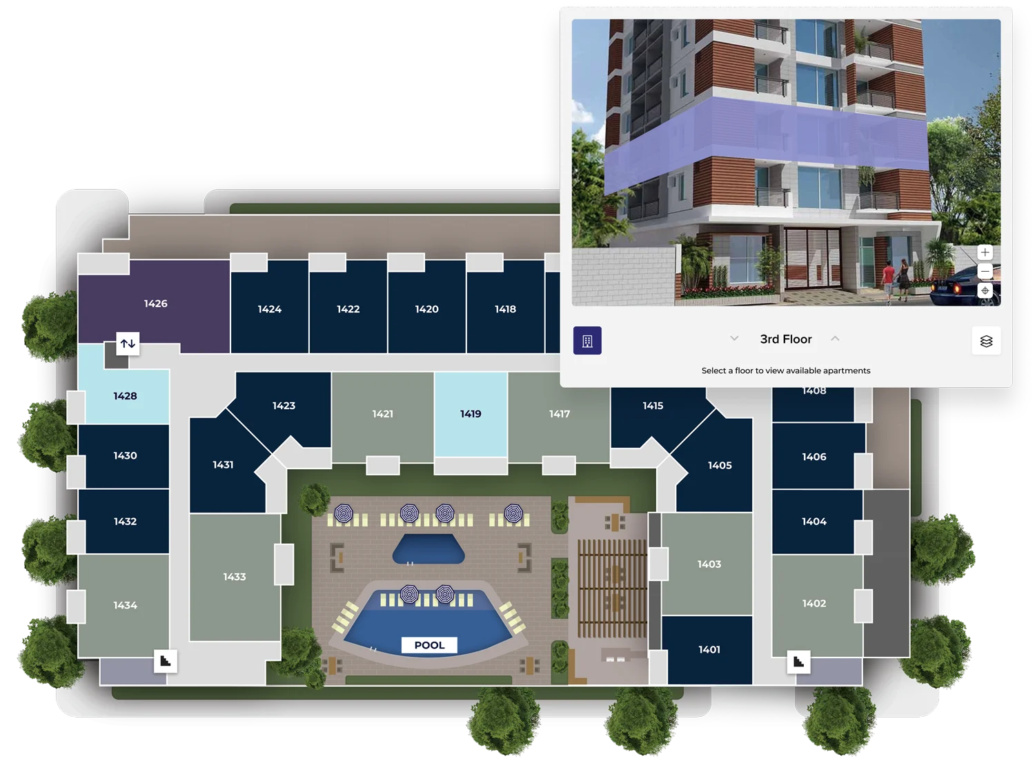 Multi-Story Building Layout A detailed architectural layout of a multi-story building including various apartment units and a central pool area.