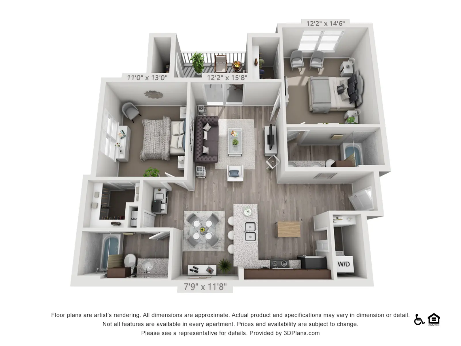 A bird's eye view of a spacious apartment layout, showcasing various rooms including bedrooms, a living area, kitchen, and bathrooms, with dimensions labeled for each area.