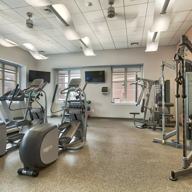 A modern gym interior featuring various exercise equipment including treadmills, ellipticals, and a multi-station weight machine, with large windows allowing natural light.