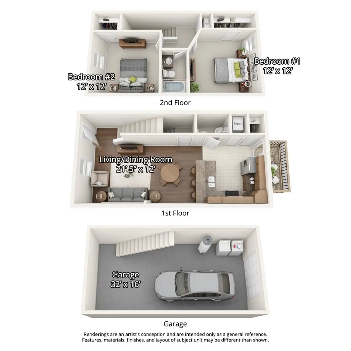 A detailed floor plan of a two-story house including a garage. The second floor features two bedrooms measuring 12' x 12'. The first floor consists of a living/dining room measuring 24' 5" x 12', and the garage on the ground floor measures 32' x 16'.
