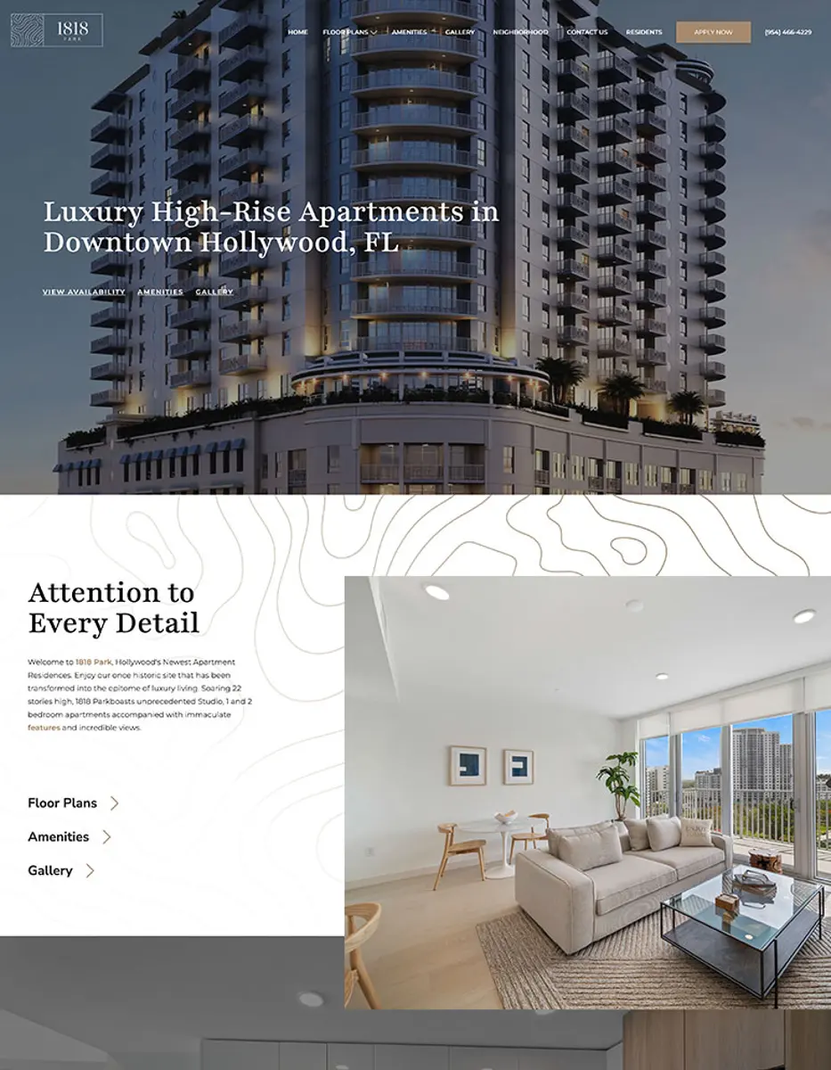 A stylish promotional webpage showcasing luxury high-rise apartments in Downtown Hollywood, featuring modern architecture and a well-furnished living space.