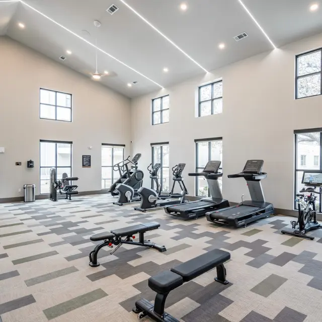 Interior of a modern gym featuring various exercise equipment including treadmills, stationary bikes, and weight benches.
