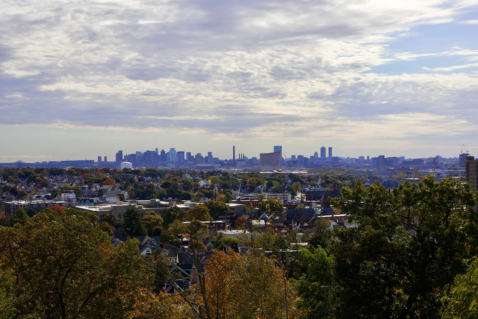 A panoramic view of a city skyline in the distance, surrounded by a lush green landscape and colorful foliage in the foreground under a cloudy sky.