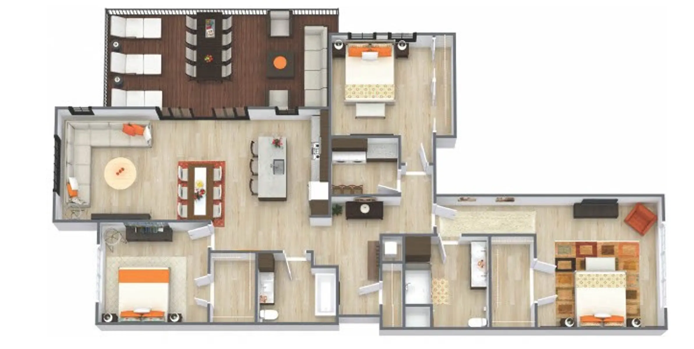 An architectural floor plan of an apartment showing multiple rooms including bedrooms, bathroom, kitchen, and living areas.