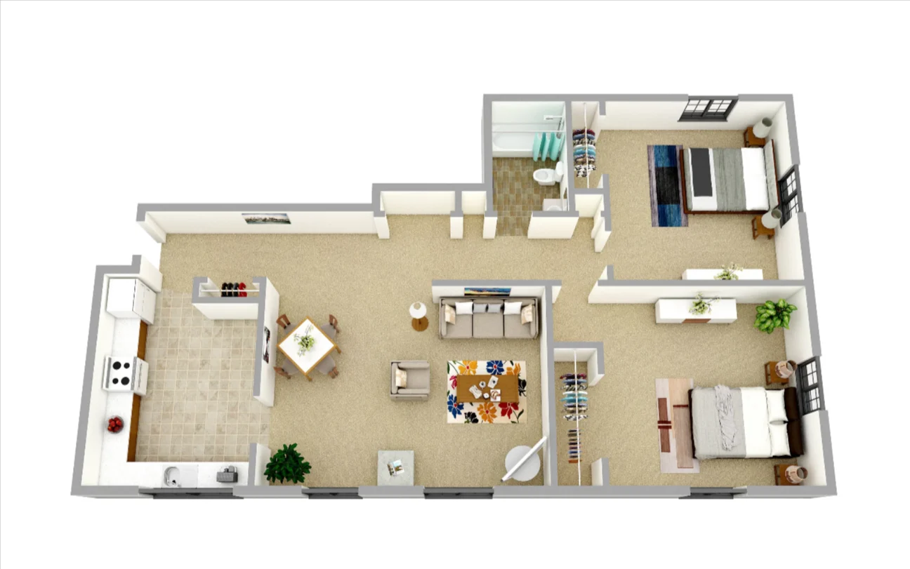 Overhead View of a Two-Bedroom House Floor Plan An overhead view of a modern two-bedroom house floor plan featuring a living area, kitchen, dining area, two bedrooms, and a bathroom.