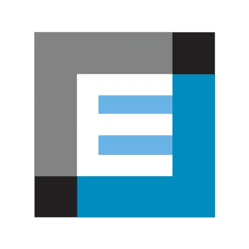 An abstract logo featuring a combination of gray, black, and blue colors with a prominent white letter 'E'.
