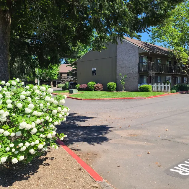 Apartment Complex Exterior A landscaped apartment complex with a parking lot and flowering bushes in the foreground.