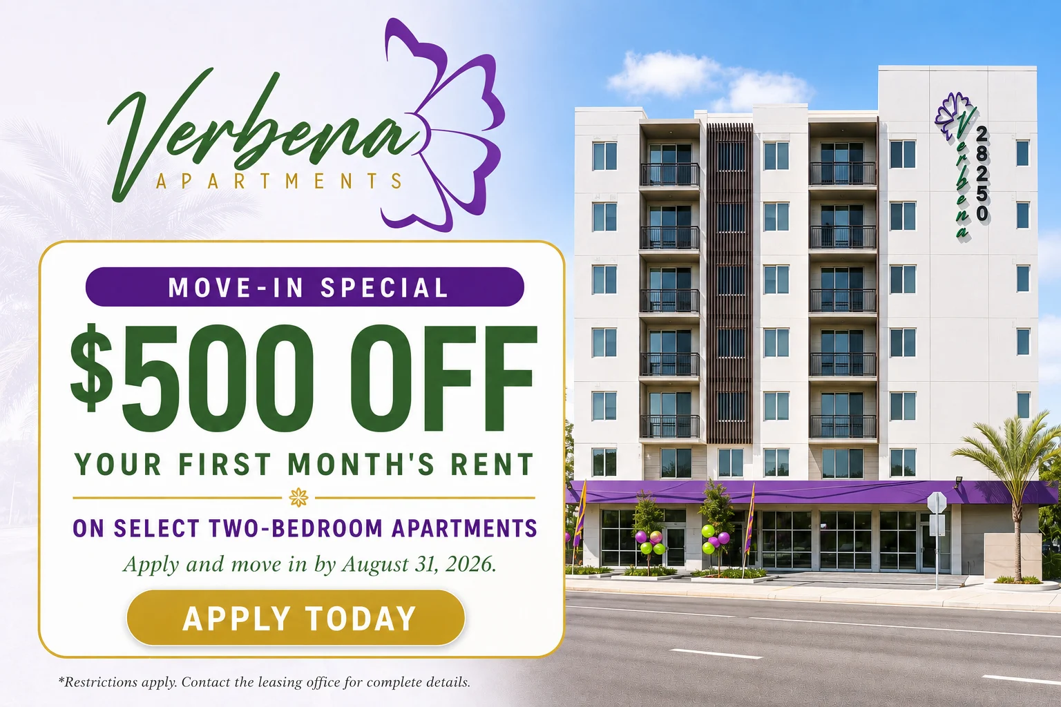 Promotional advertisement for Verbena Apartments offering a $500 discount on the first month's rent for select two-bedroom apartments.