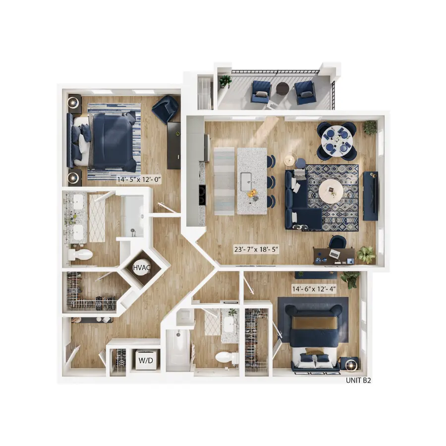 Two-Bedroom Apartment Layout - Unit B2 A floor plan of a two-bedroom apartment layout labeled as Unit B2, featuring rooms such as a living area, dining space, kitchen, bedrooms, and bathroom with dimensions.