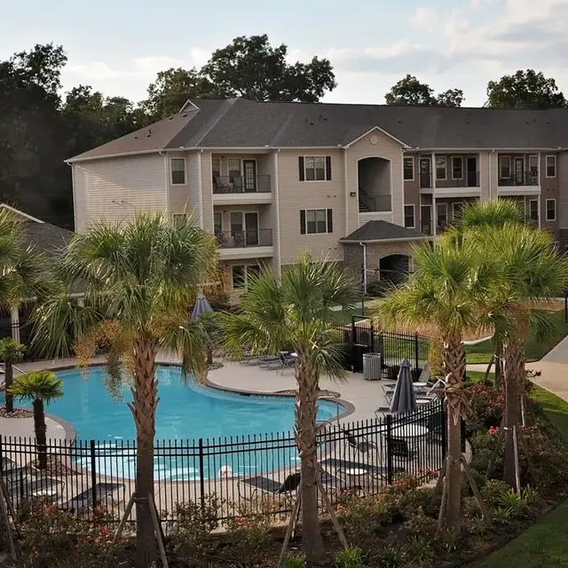 A pool area surrounded by palm trees and an apartment complex in the background, set in a residential environment.