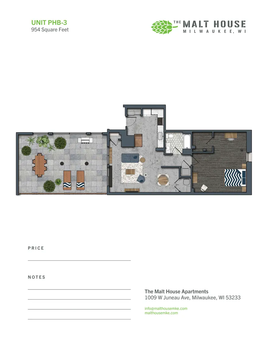 Floor plan of a 954 square foot apartment at The Malt House, Milwaukee, displaying living and dining areas, a kitchen, bedroom, and outdoor space.