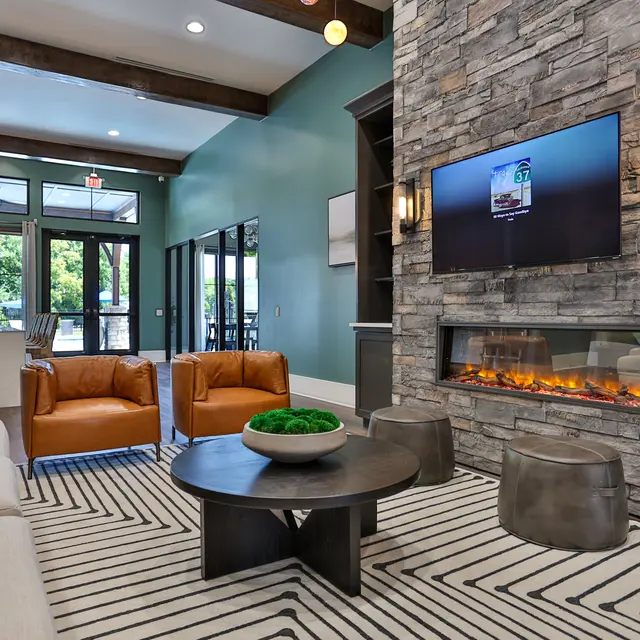 Cozy modern living room with stone wall, fireplace, and stylish furnishings