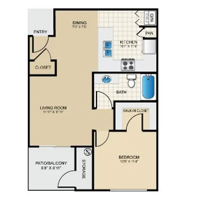 One-Bedroom Apartment Floor Plan Floor plan of a one-bedroom apartment showcasing the layout including living room, dining area, kitchen, bathroom, closet, and patio.