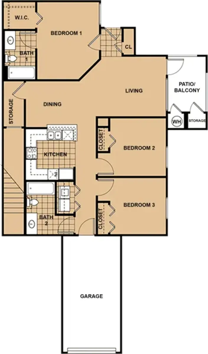 A detailed floor plan of a three-bedroom home featuring a living area, dining room, kitchen, multiple bathrooms, and a garage. Each bedroom is labeled with storage spaces indicated and a patio or balcony on the side.