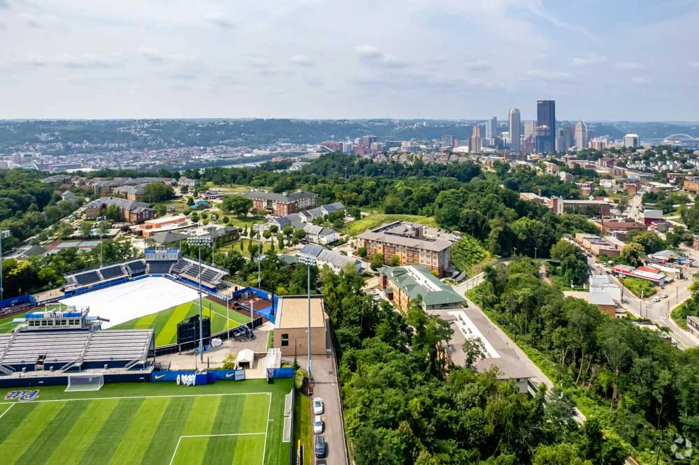 Aerial view of a soccer stadium with green fields surrounded by residential and urban areas, showcasing a city skyline in the background.