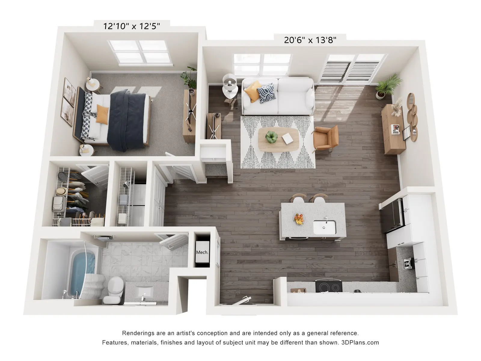 A detailed 3D floor plan of a residential apartment featuring a bedroom, bathroom, living area, and kitchen. The layout includes labeled dimensions for each room and furniture arrangements.