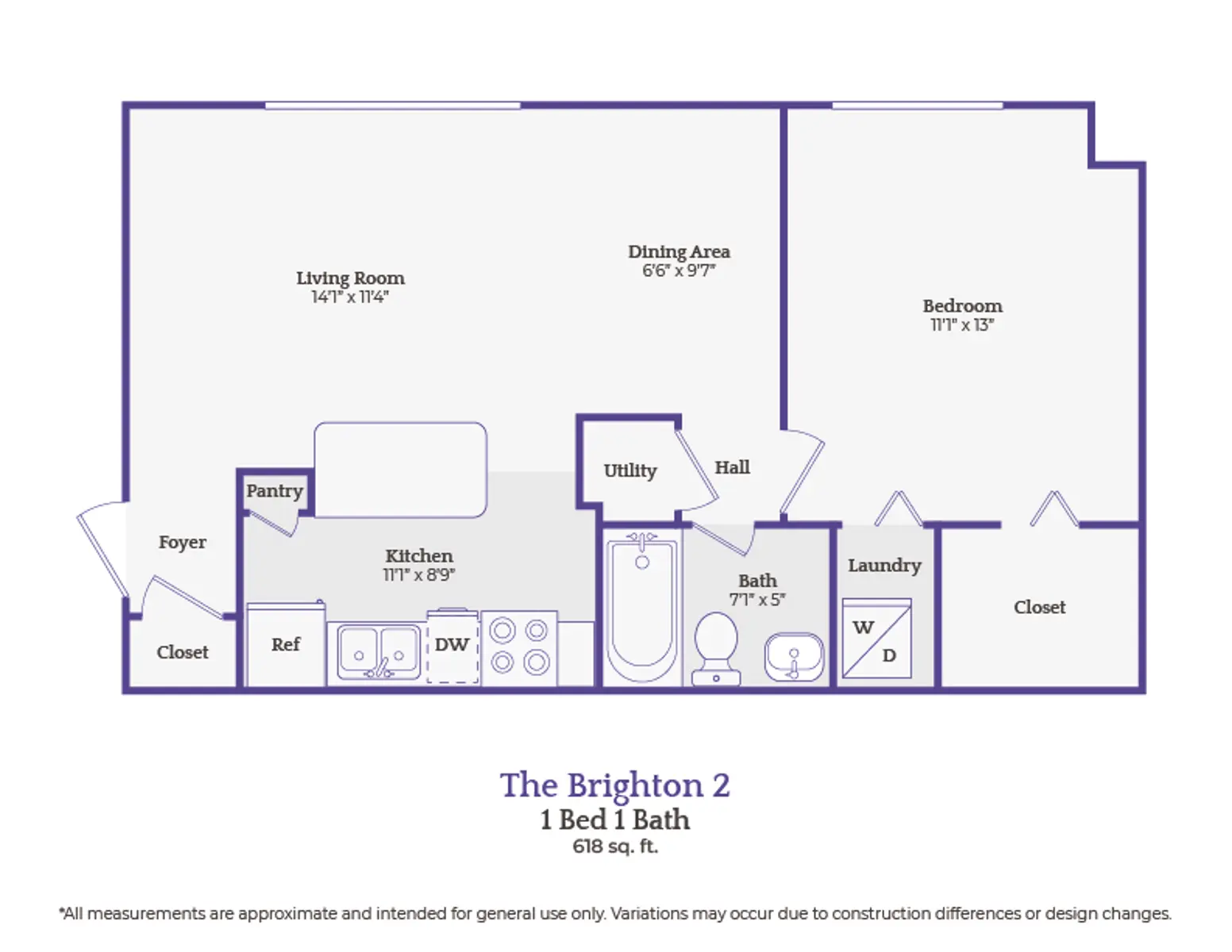 Floor plan of The Brighton 2 apartment layout featuring 1 bedroom and 1 bathroom.
