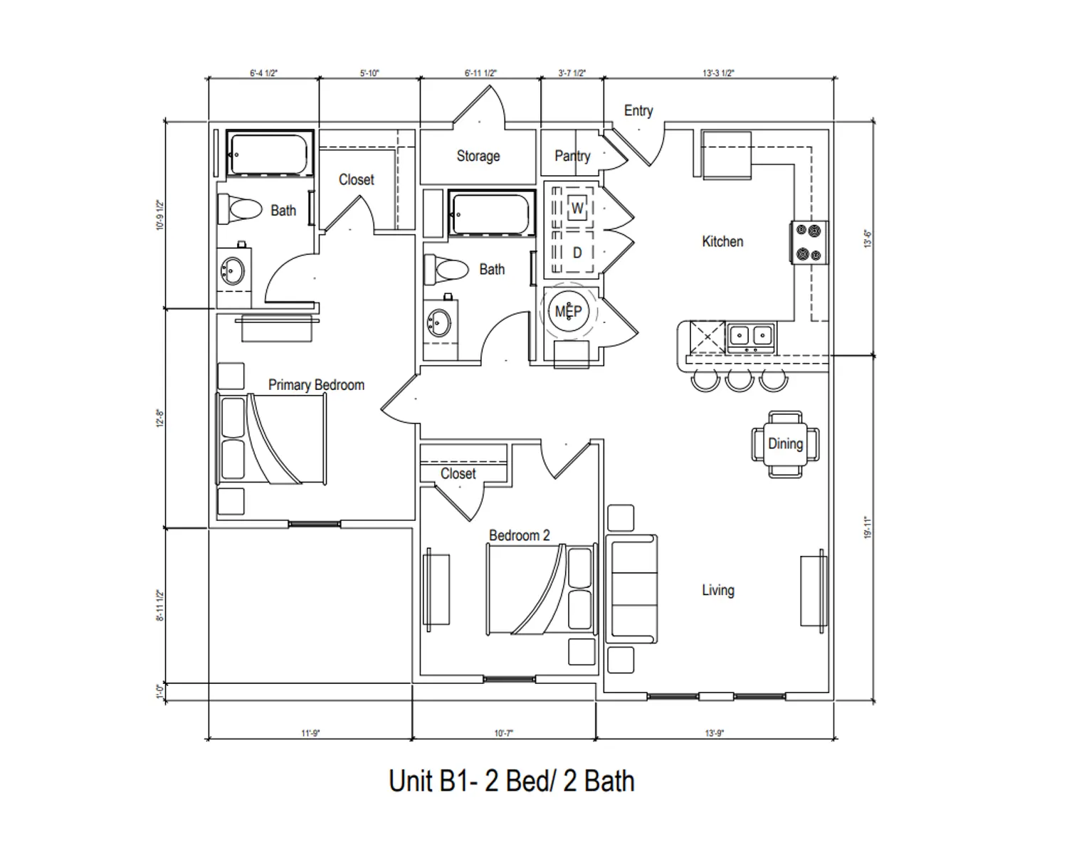 Floor plan of a 2-bedroom, 2-bathroom unit labeled B1.