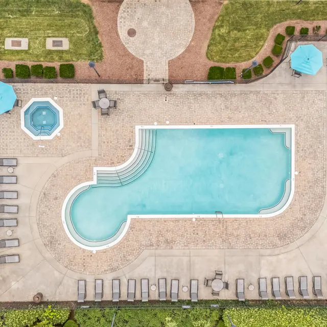 Aerial View of a Swimming Pool Aerial view of a swimming pool with a unique shape, surrounded by lounge chairs and umbrellas, situated in a landscaped area.