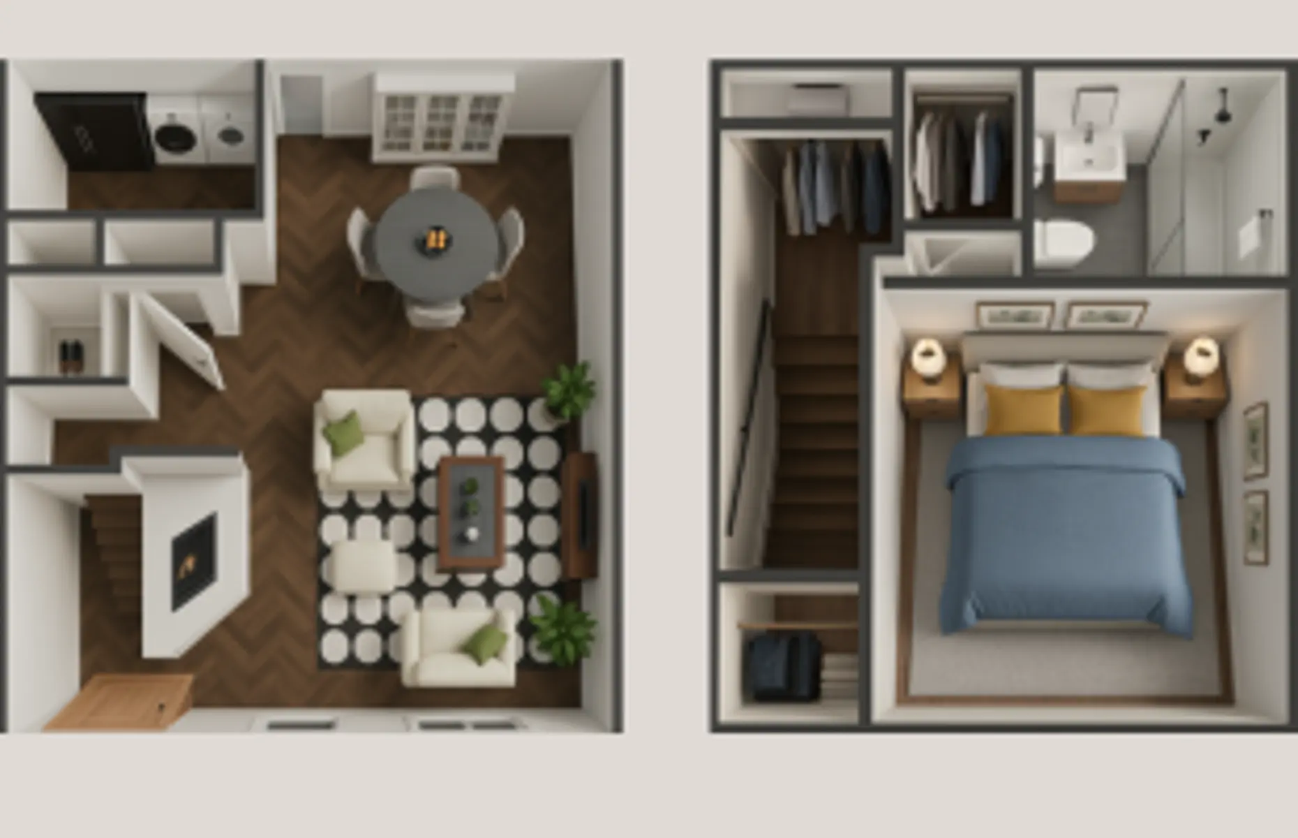 An aerial view of a modern home layout featuring a living area and dining space on the left, with beige sofas, a round dining table, and a staircase. The right side displays a bedroom layout with a double bed, nightstands, and a small bathroom area.