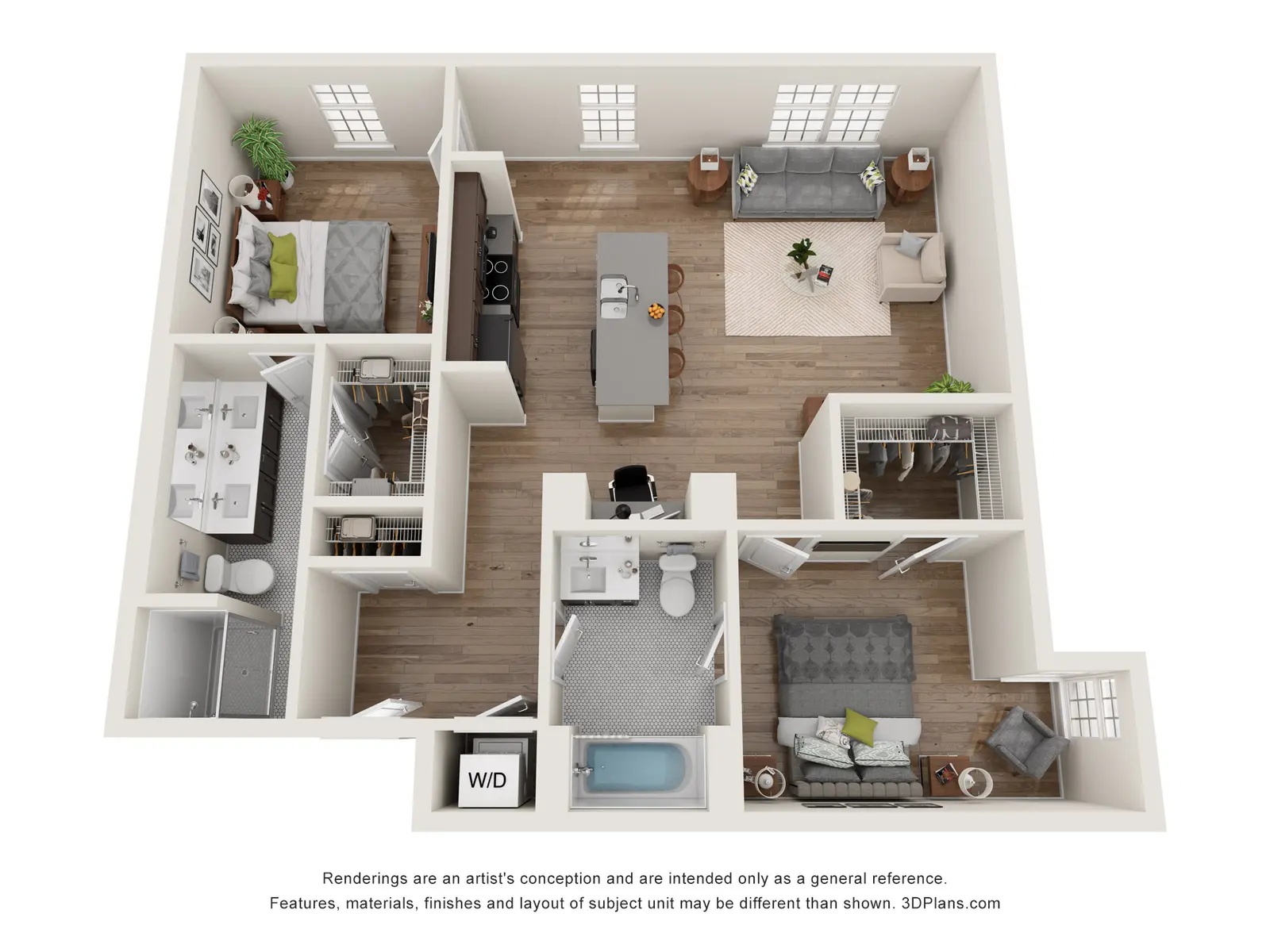 2 Bedroom + Den Apartment at The Woodrow – Fargo, ND 3D floor plan of a two-bedroom plus den apartment at The Woodrow in Fargo, with open-concept kitchen, two bathrooms, den space, and in-unit laundry