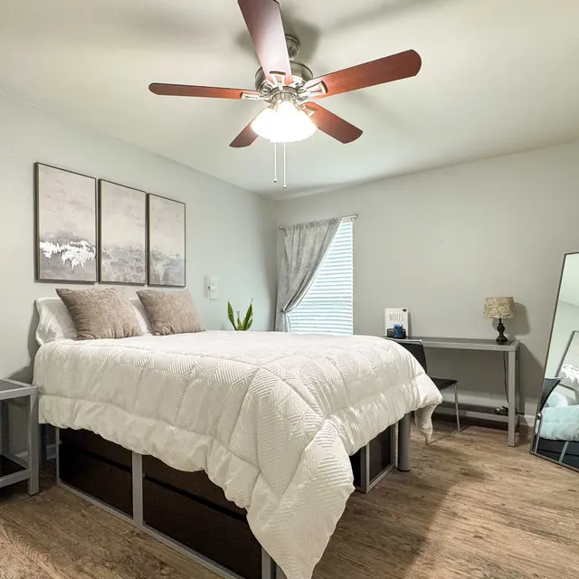 A cozy bedroom featuring a large bed with white bedding, two decorative pillows, and a ceiling fan. The room includes a small table with a lamp, a mirror, and a plant beside the bed, along with framed artwork on the wall.