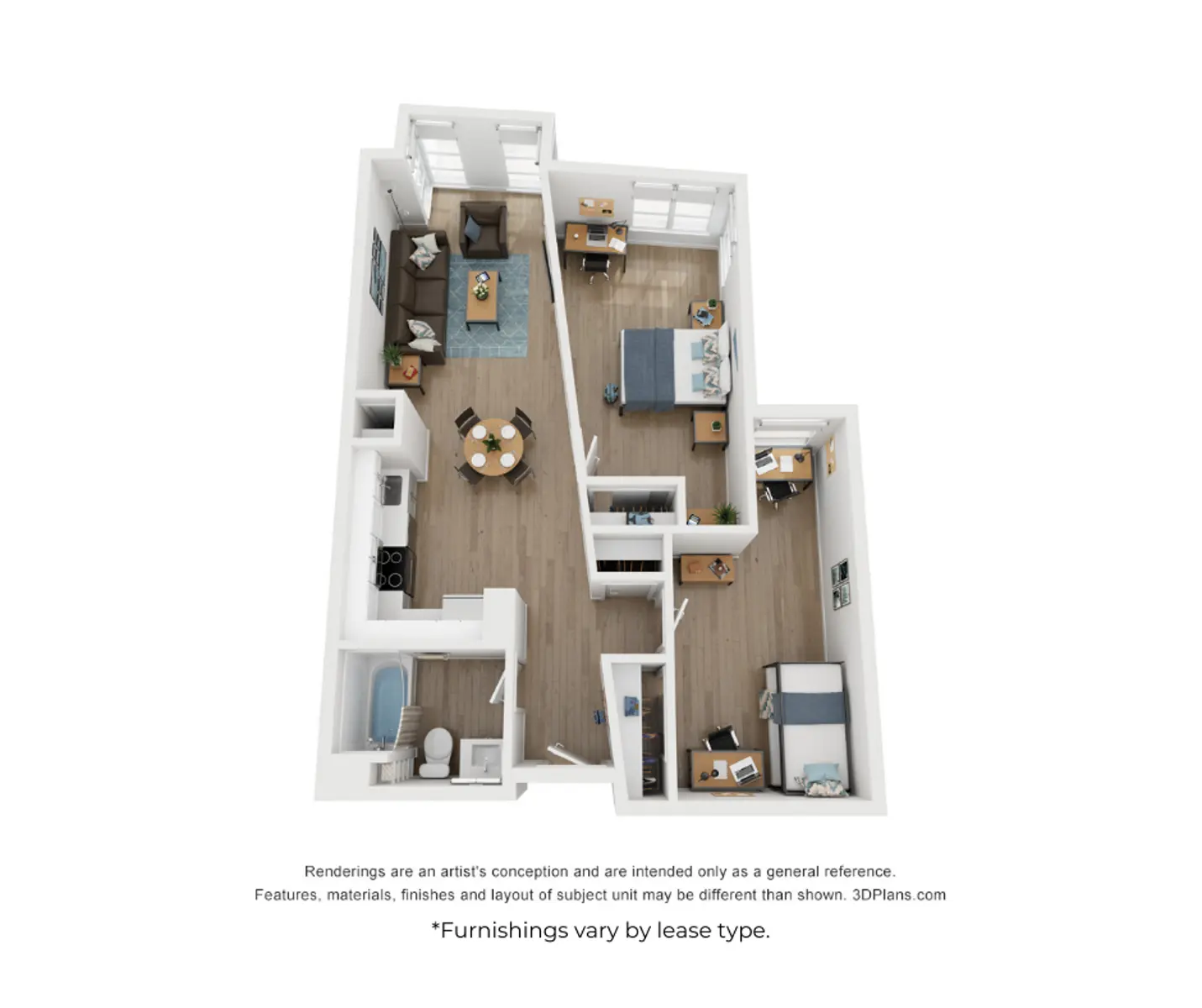 An isometric view of a two-bedroom apartment layout featuring a living area, kitchen, two bedrooms, and a bathroom. The design includes various furnishings and decor elements in each room.