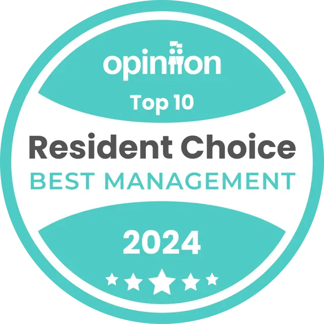 2024 Resident Choice Best Management Award A circular award badge featuring the text 'Top 10 Resident Choice Best Management 2024' with a four-star rating.