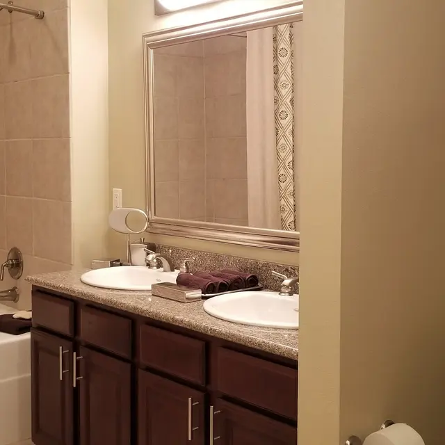 A modern bathroom featuring a double vanity with two sinks, a large mirror, and a combination tub and shower. The walls are painted a neutral color, and there is a towel rack and toilet visible in the scene.