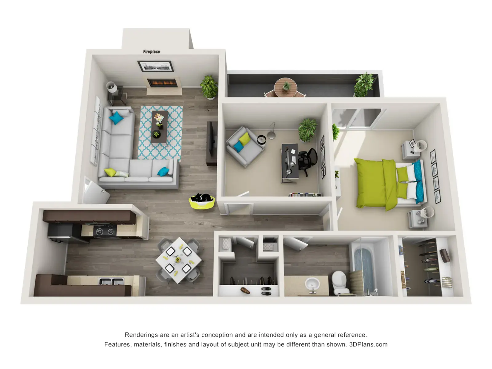 A 3D rendering of a modern apartment floor plan showing a living room, kitchen, dining area, and two bedrooms, with furniture arranged throughout.