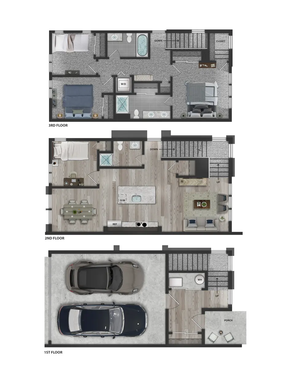 Three-Story Residential Floor Plan A three-story floor plan of a residential building showing layouts for each floor with rooms and amenities labeled.