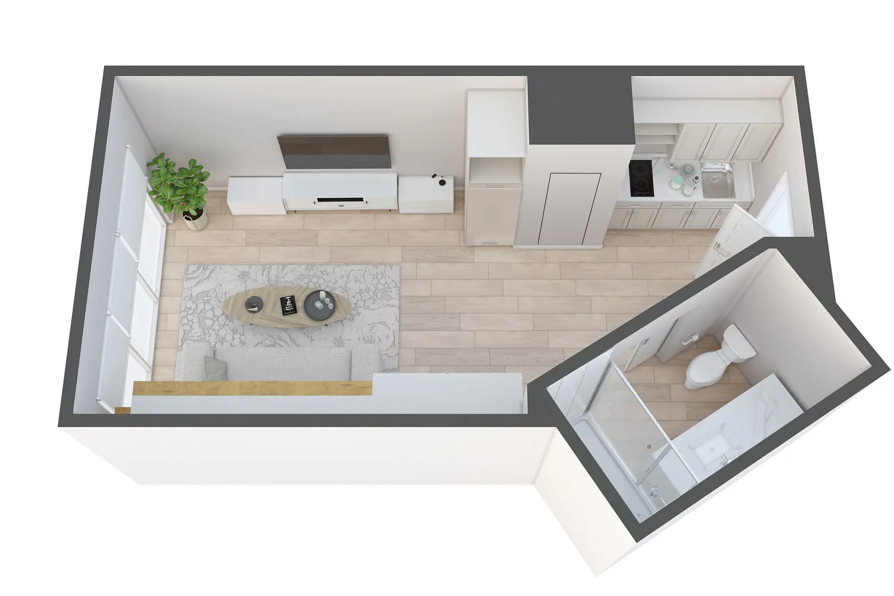 Small Apartment Floor Plan Top-down view of a small apartment floor plan featuring a living area with a couch and coffee table, a kitchenette with appliances, and a bathroom area visible in the corner.