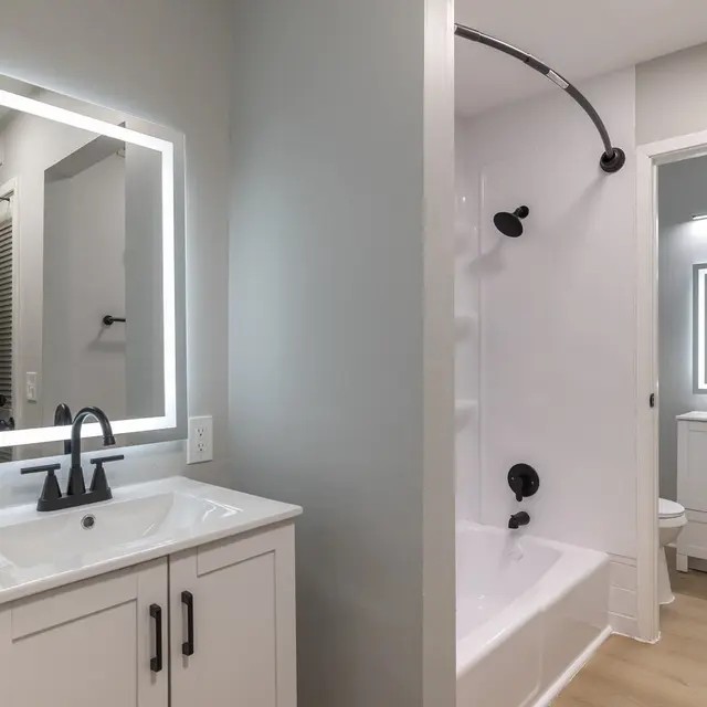 Modern bathroom featuring a bathtub, sleek sink vanity, illuminated mirror, and neutral color scheme.