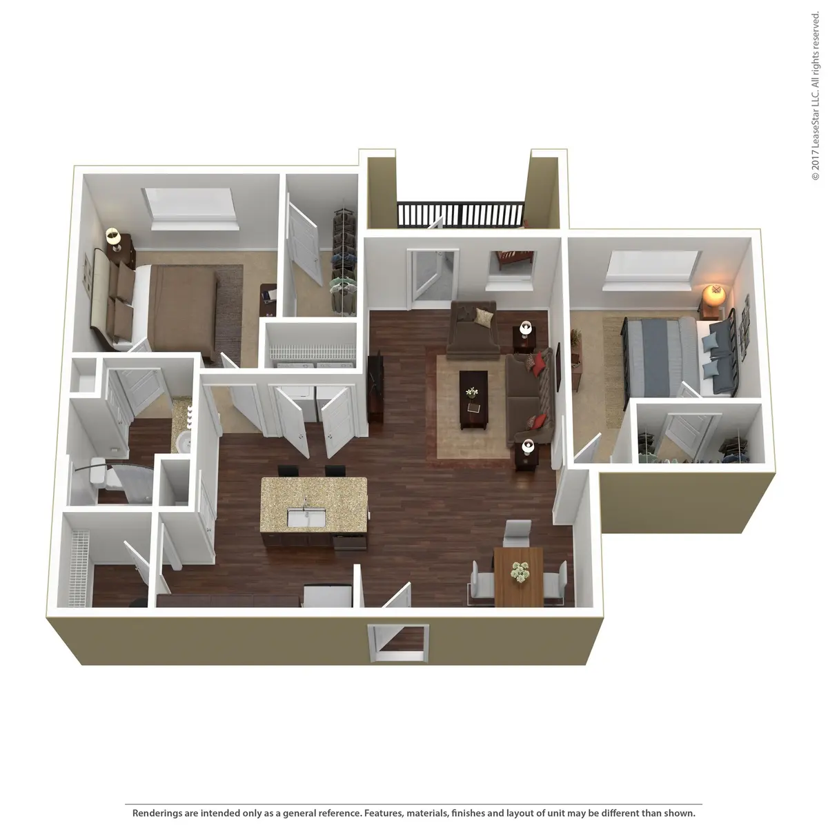 A 3D-rendered floor plan of an apartment, showing a living room, kitchen, two bedrooms, and a bathroom with labeled areas.