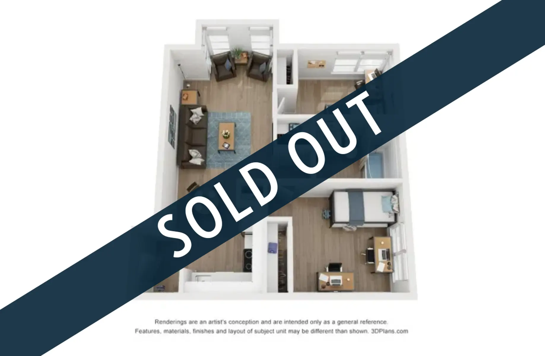 A 3D floor plan of a residential unit with the words 'SOLD OUT' overlaid across it.