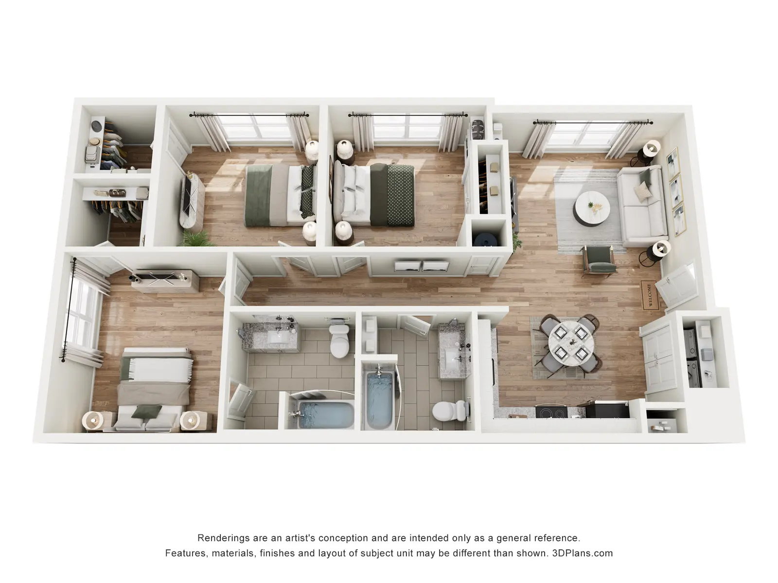 Aerial view of an apartment floor plan with two bedrooms, two bathrooms, a living area, and a kitchen, featuring modern furnishings and a layout for optimal flow.