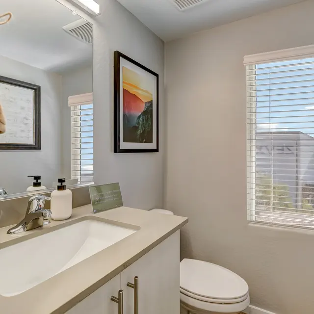 A modern bathroom with a white sink, light gray walls, framed art, and a window with blinds bringing in natural light.