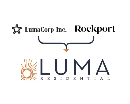 LumaCorp and Rockport Logo Logo featuring the names LumaCorp Inc., Rockport, and LUMA RESIDENTIAL with a central design element.