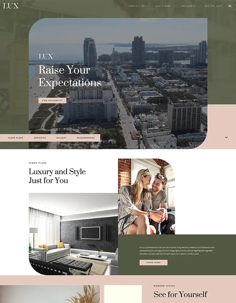 LUX - Luxury Living Redefined A modern website layout showcasing luxury living, featuring a header with an image of a city skyline, a main section displaying luxurious apartments, and sections highlighting style and quality.