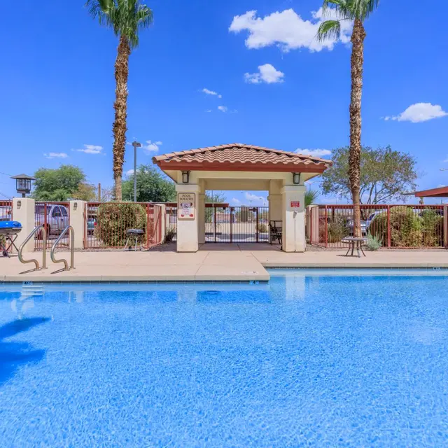 Swimming Pool Area with Palm Trees A swimming pool area with clear water, palm trees, and a gated entrance in the background under a bright blue sky with clouds.